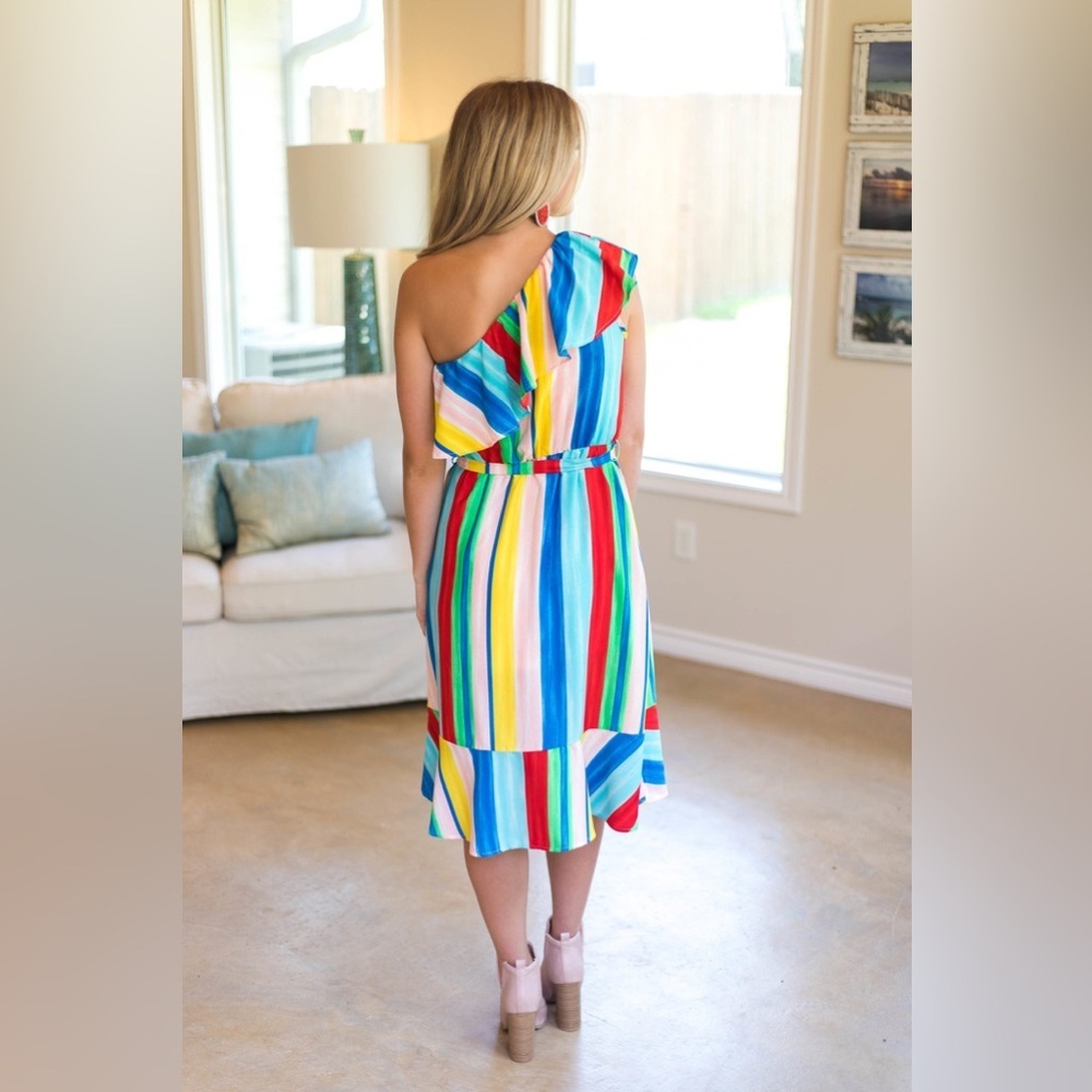 Rainbow Ruffle One Shoulder Stripe Midi Dress Cali Girl Dopamine Dressing M - Picture 14 of 14